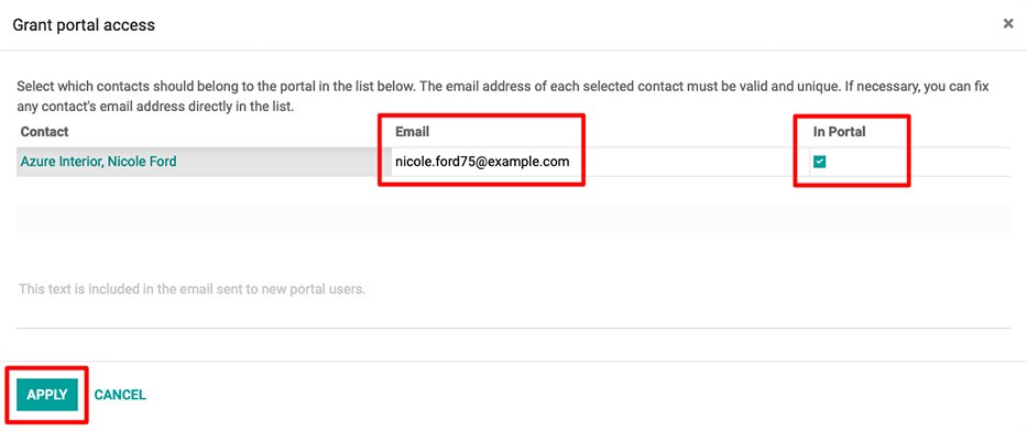 在發送門戶邀請之前，需要填寫聯系人的電子郵件地址和相應的復選框。