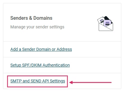 在Mailjet的發件人和域名部分中，可以找到SMTP和發送API設置鏈接。
