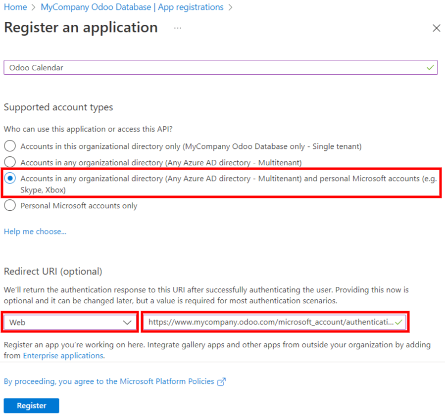 Microsoft Azure AD門戶中的“支持的帳戶類型”和“重定向URI”設置。