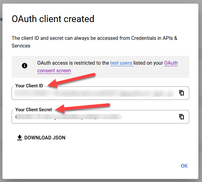 Client ID 和 Client Secret 用于 Google OAuth。