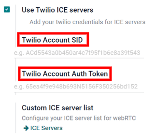 在Odoo常規設置中啟用“使用Twilio ICE服務器”選項。