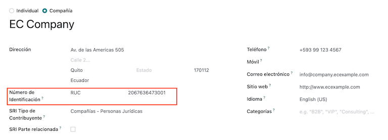 在Odoo聯系人中填寫厄瓜多爾公司數據。