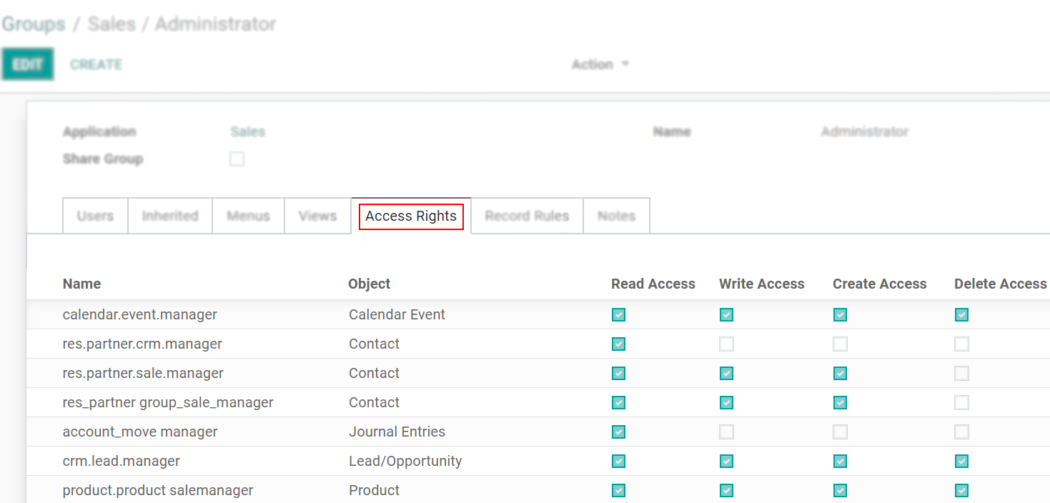 在Odoo中強調選項卡訪問權限的用戶組表單視圖