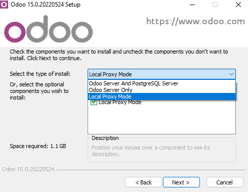 在安裝Odoo社區版時選擇"本地代理模式"。