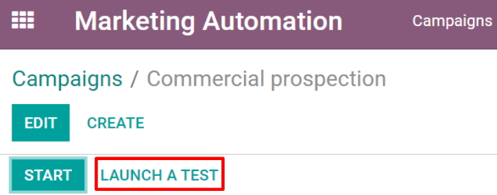 在Odoo營銷自動化中啟動測試按鈕。