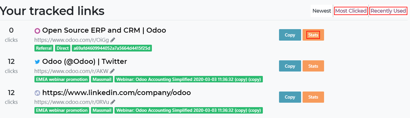 在Odoo網站中，強調統計按鈕的跟蹤列表視圖