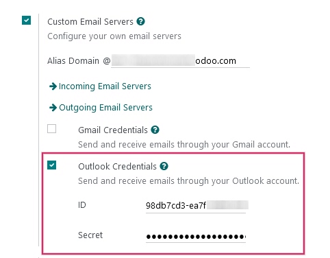 Odoo通用設置中的Outlook憑據。