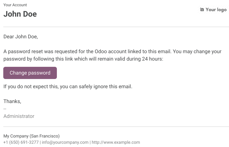 一個包含Odoo賬戶密碼重置鏈接的電子郵件示例