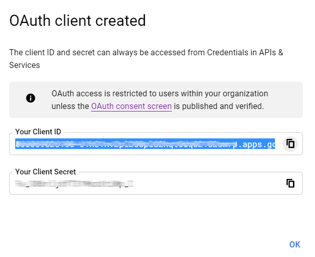 已生成Google OAuth客戶端ID