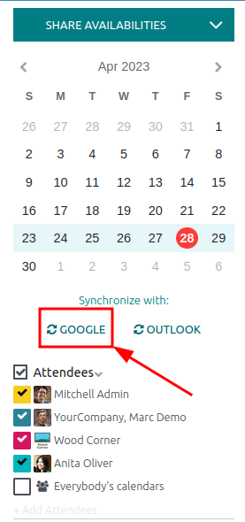 在Odoo日歷中點擊Google同步按鈕，將Google日歷與Odoo同步。