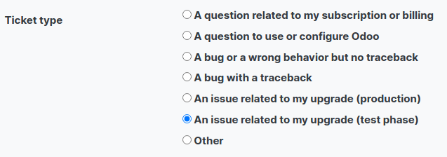 在Odoo支持表單中選擇"與我的升級相關的問題"作為工單類型