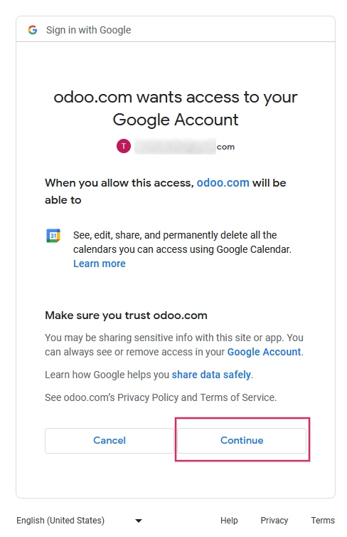 允許Odoo訪問Google日歷。