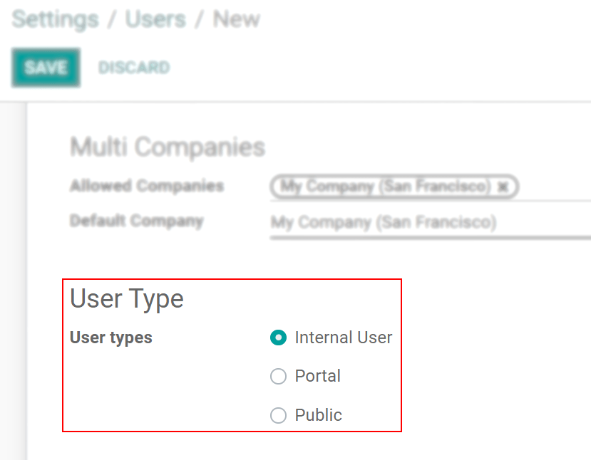 在Odoo開發者模式下查看用戶表單，強調用戶類型字段